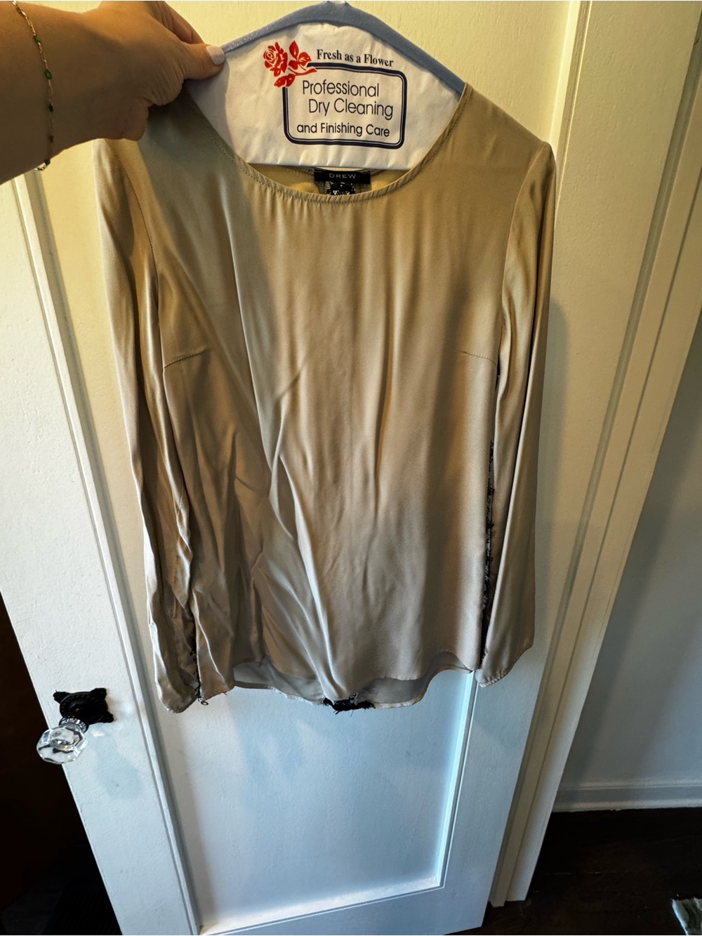DREW Women's Long-Sleeve Silk with black Lace detail Blouse in Beige